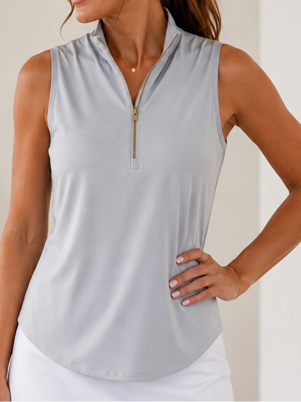 Rhône Sleeveless Zip-Front Performance Top - Light Gray